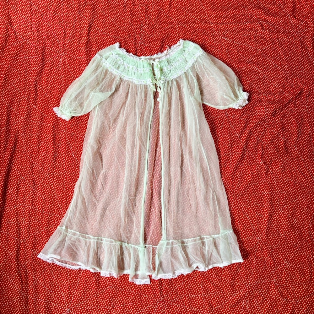 Vintage 1960s Pastel Mint Green Sheer Lace Trim Nightgown Robe Peignoir Set S